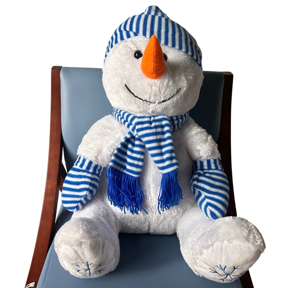 Chrisha Playful Plush Snowman Stuffed Animal Blue White Striped Hat Scarf Large